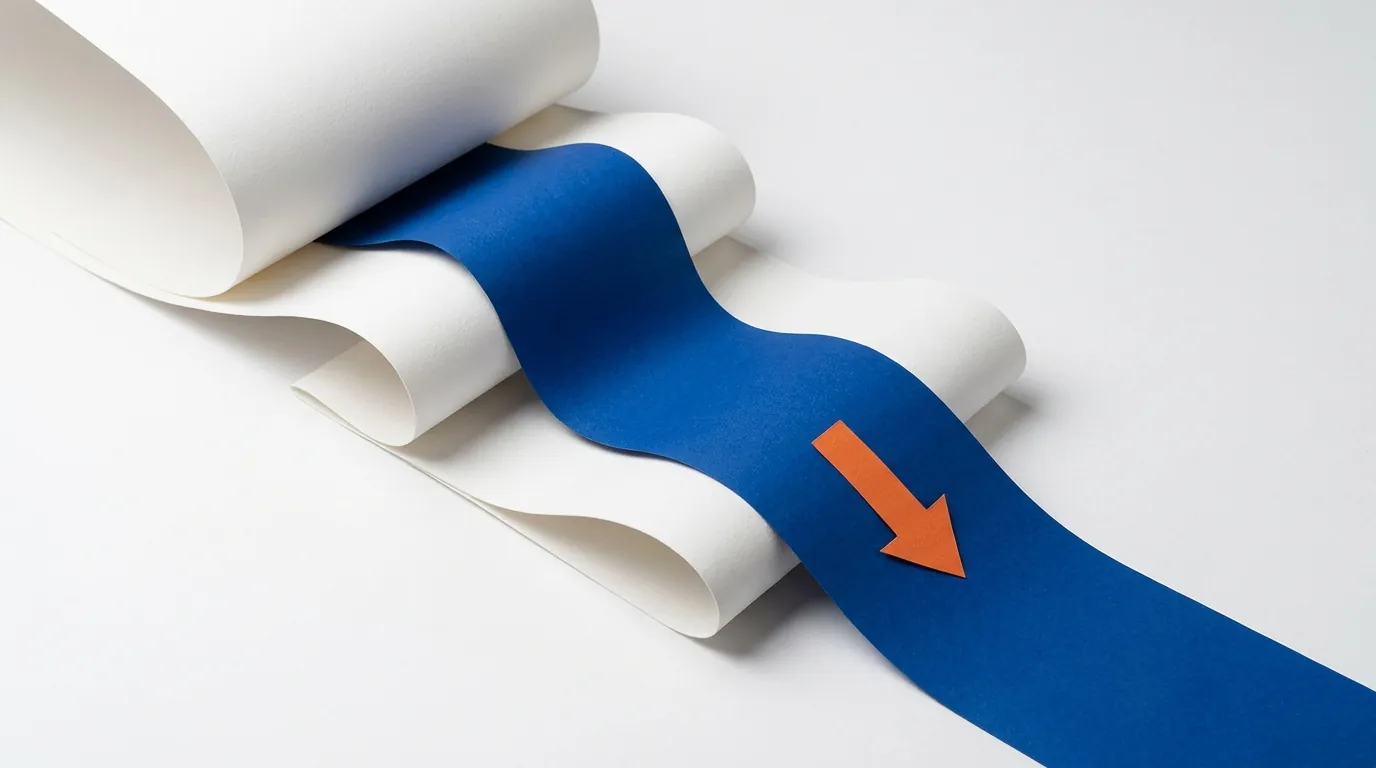 Golvende blauwe papierbaan met een oranje pijl die richting houdt