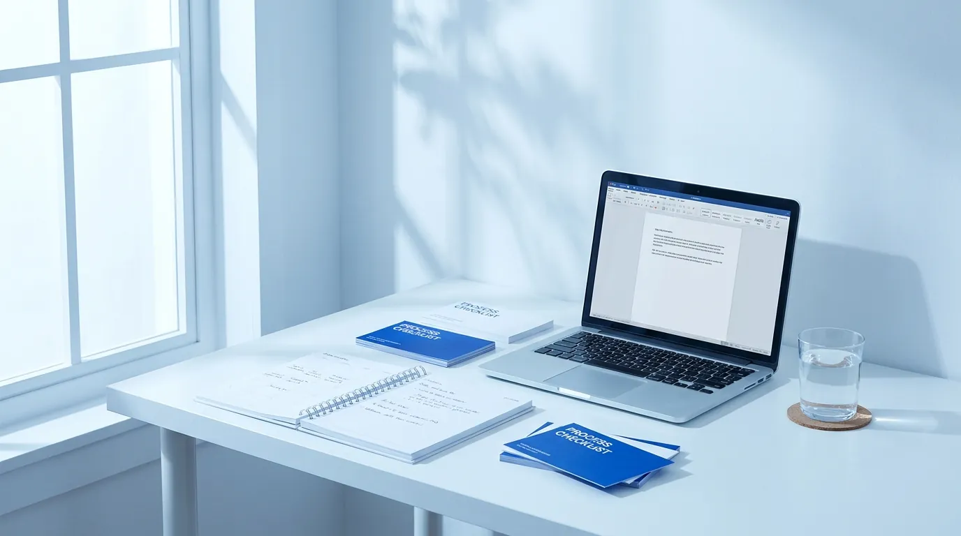 Opgeruimd bureau met notitieboek, klaar voor een nieuw inzicht