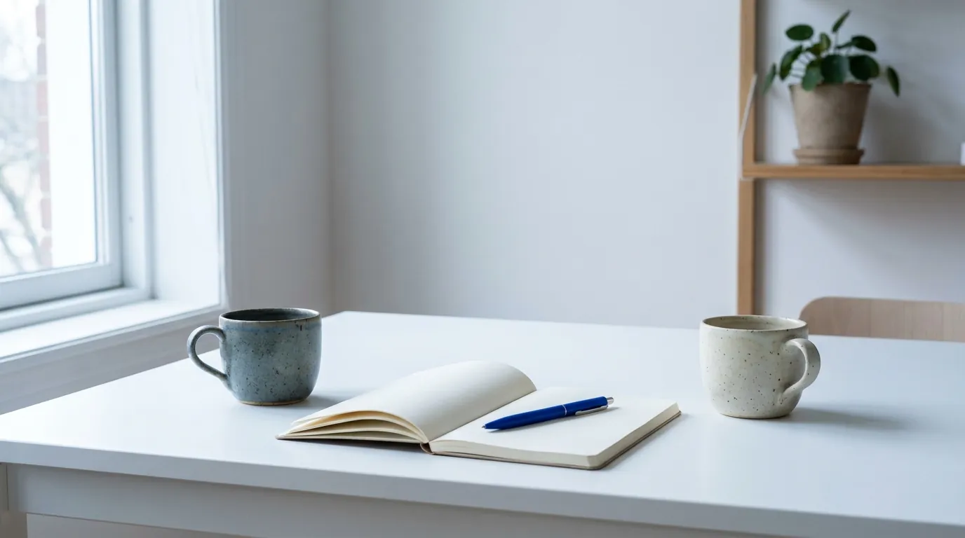 Twee koffiekopjes tegenover elkaar aan een rustig bureau, klaar voor een gesprek