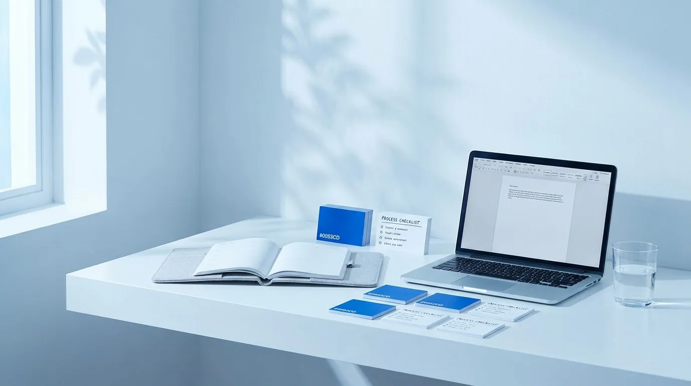 Opgeruimd wit bureau met blauwe planners en checklist-kaarten