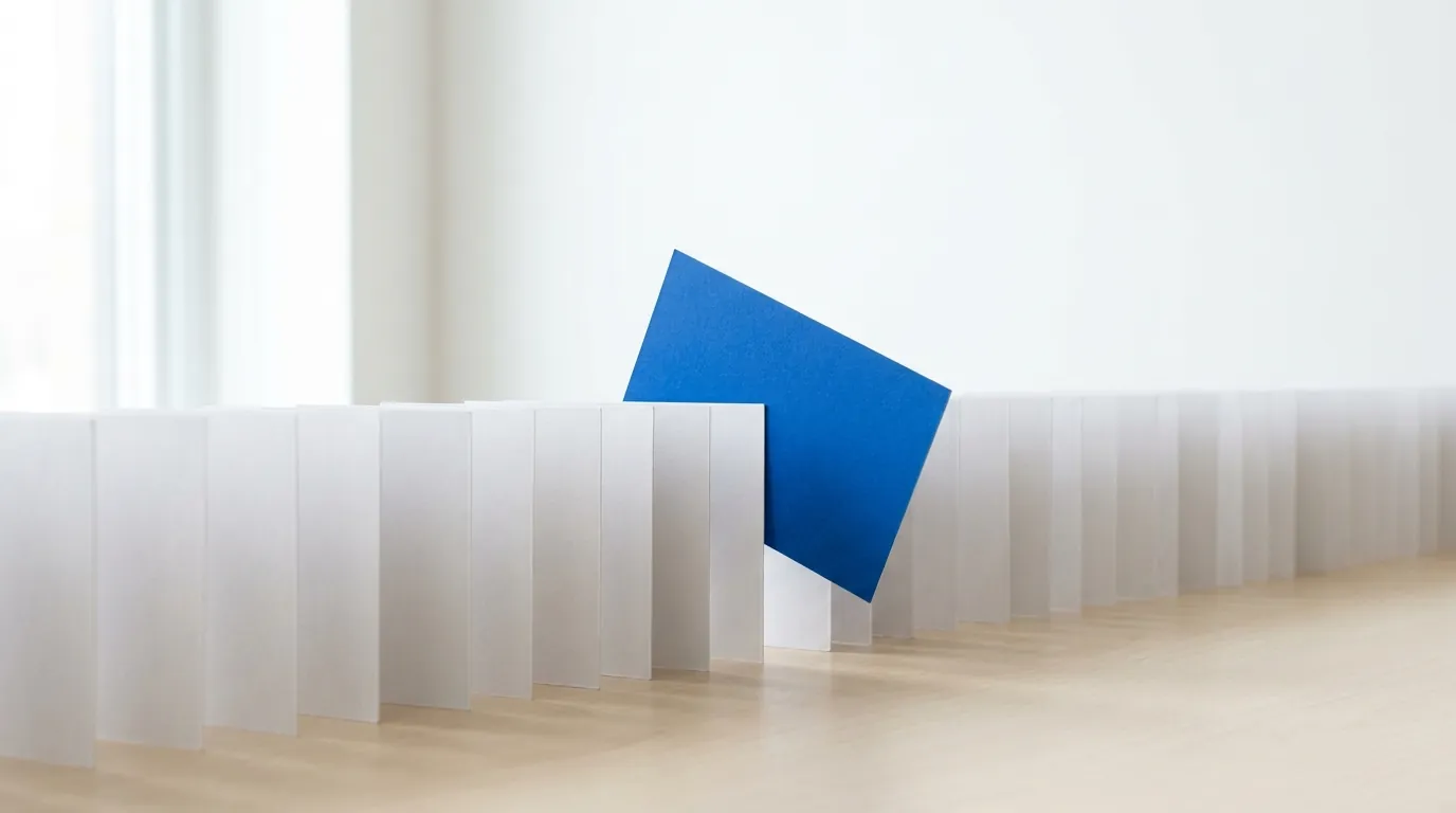 Rij witte kaarten waarvan een blauwe kaart net iets hoger staat, als vraag en antwoord