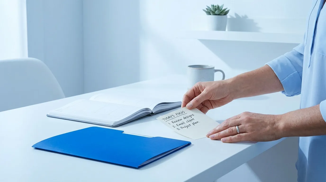 Handen leggen een checklist-kaart op een opgeruimd wit bureau
